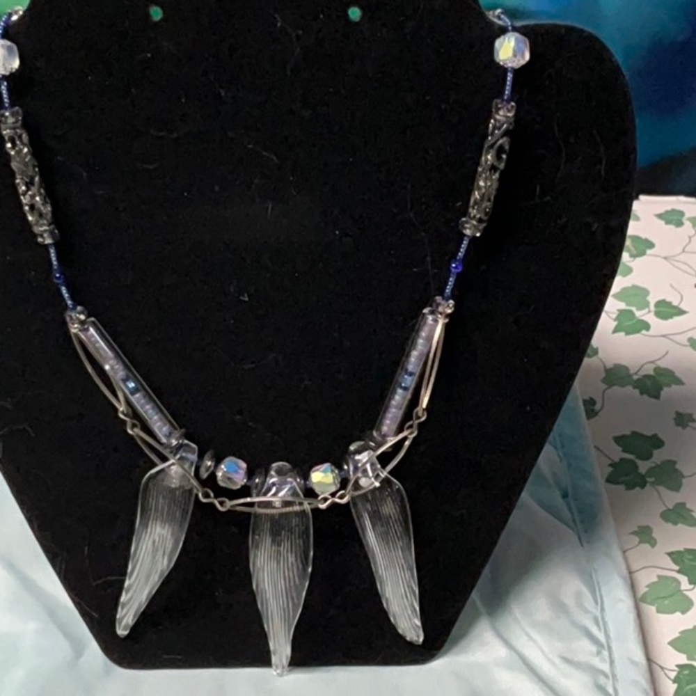 21” Silver and Blue Necklace with clear glass wings & tubes